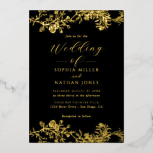 Invitation En Aluminium Élégant Black Real Gold Foil Floral Mariage dentel