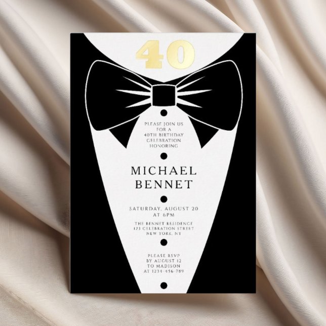 Invitation En Aluminium Elegant Black Tuxedo 40th Birthday Gold (Elegant Black Tuxedo 40th Birthday Gold Foil Invitation
)