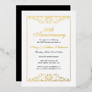 Invitation En Aluminium Elégant Blanc Or Noir 50ème anniversaire Mariage