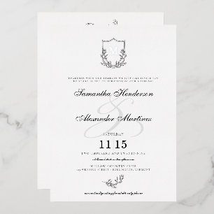 Invitation En Aluminium Élégant blason noir et blanc avec détails de maria