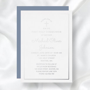 Invitation En Aluminium Élégant Bleu Argent Scripts de première communion