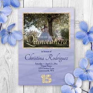 Invitation En Aluminium Élégant Bleu Clair, Paillettes Dorées 15 Quinceane