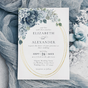 Invitation En Aluminium Elégant bleu Dusty Floral Aquarelle Mariage Or