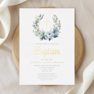 Invitation En Aluminium Elégant bleu Floral Wreath Cross Boy Baptism Or
