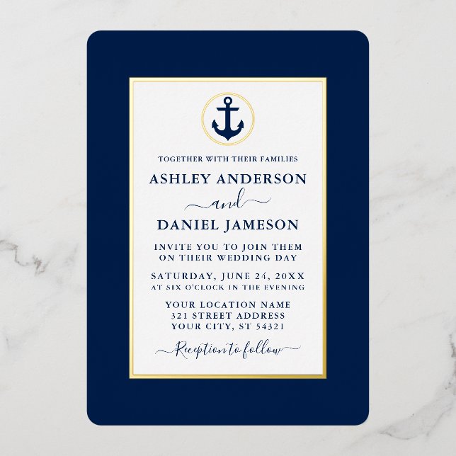 Invitation En Aluminium Elégant bleu marine Ancre nautique Mariage or (Recto)