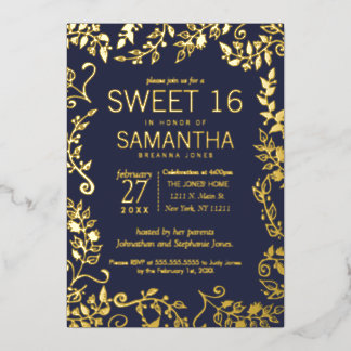 Invitation En Aluminium Élégant bleu marine or floral Sweet 16