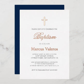 Invitation En Aluminium Élégant bleu marine ROSE or croix Baptême