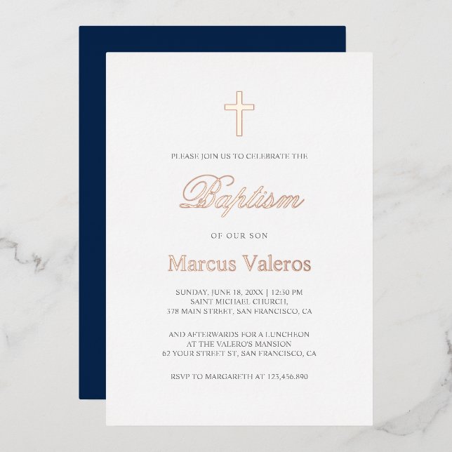 Invitation En Aluminium Élégant bleu marine ROSE or croix Baptême (Recto/Verso)