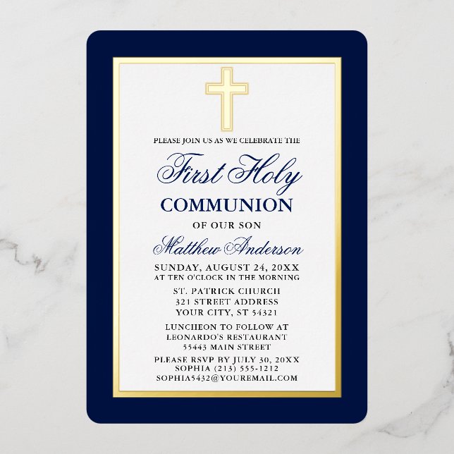 Invitation En Aluminium Elégant bleu Première Sainte Communion Croix Gold  (Recto)