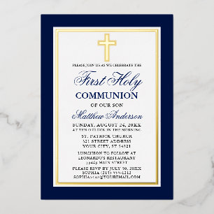 Invitation En Aluminium Elégant bleu Première Sainte Communion Croix Or