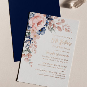 Invitation En Aluminium Elégant bleu rose floral 80e anniversaire fête or