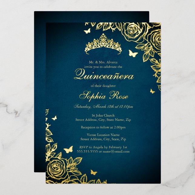 Invitation En Aluminium Elégant Blue Gold Tiara Rose Quinceanera (Recto/Verso)