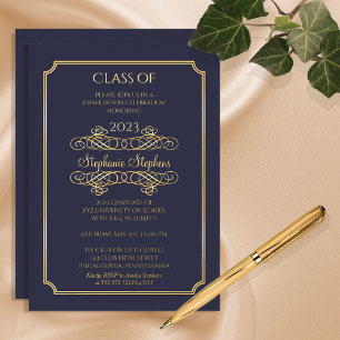 Invitation En Aluminium Élégant Blue University Graduation Party Gold