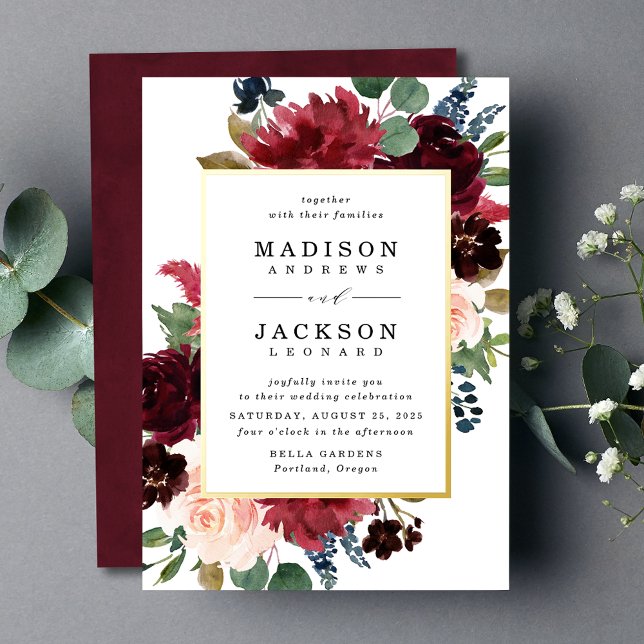 Invitation En Aluminium Élégant Blush Burgundy Navy Mariage floral (Créateur téléchargé)