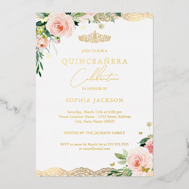 Invitation En Aluminium Elégant Blush Gold Floral dentelle photo Quinceane (Recto)