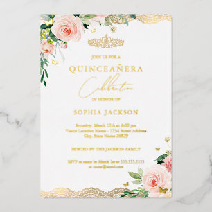 Invitation En Aluminium Elégant Blush Or Fleurs Broderie Photo Quinceanera