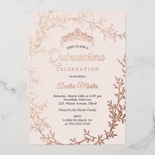 Invitation En Aluminium Elégant Blush Rose Gold Leaf Wreath Quinceanera (Recto)