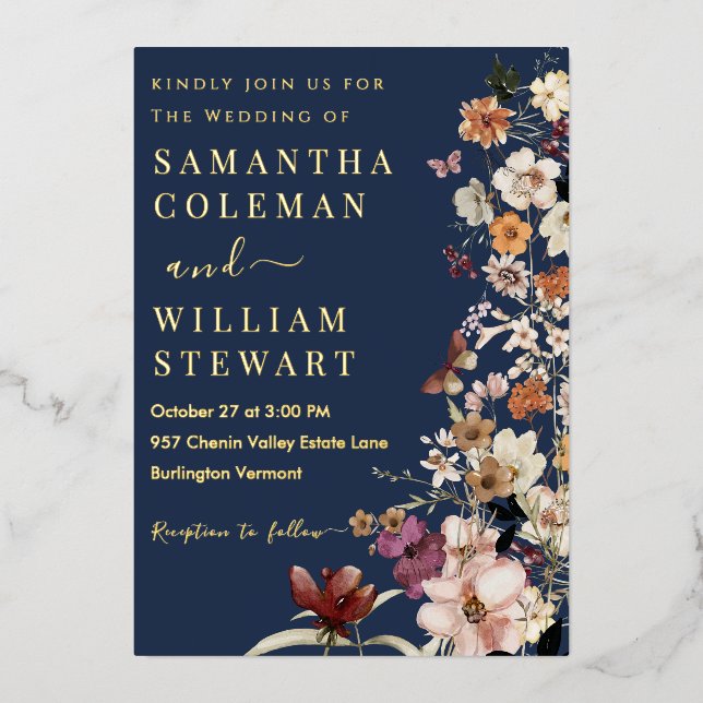 Invitation En Aluminium Elégant Boho Fleur sauvage Blue Navy Rustic Mariag (Recto)