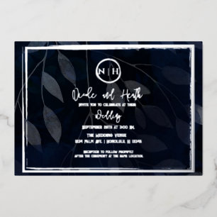 Invitation En Aluminium Élégant botanique sombre mariage bleu marine et ar