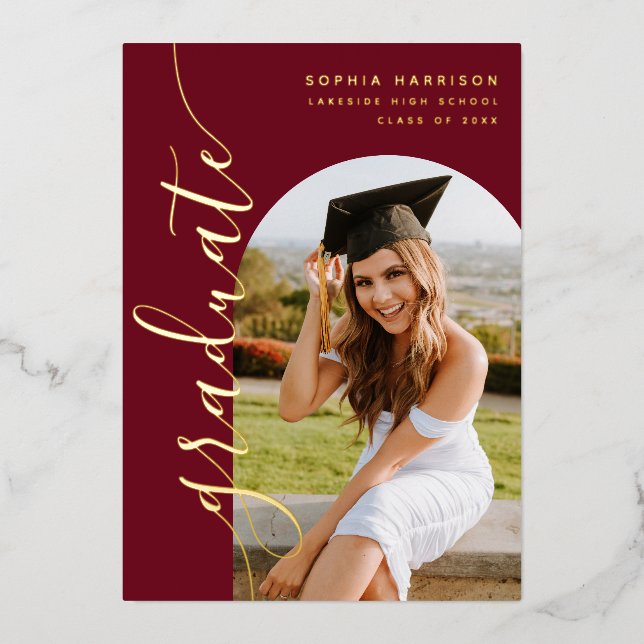 Invitation En Aluminium Elégant Bourgogne Photo Arch Graduation Foil Invit (Recto)