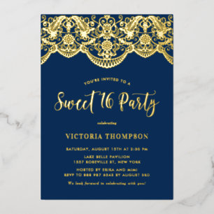 Invitation En Aluminium Élégant Brocart Dentelle Bleu Marine Fête Douze An