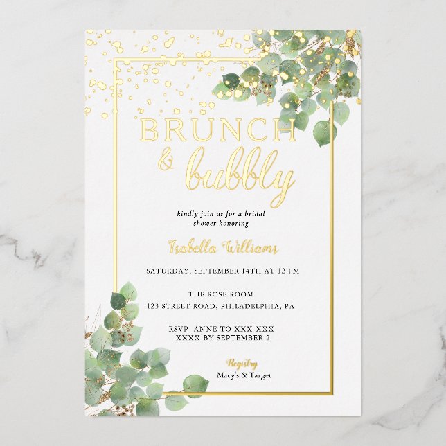 Invitation En Aluminium Elégant Brunch & Bubbly Fête des mariées verte (Recto)