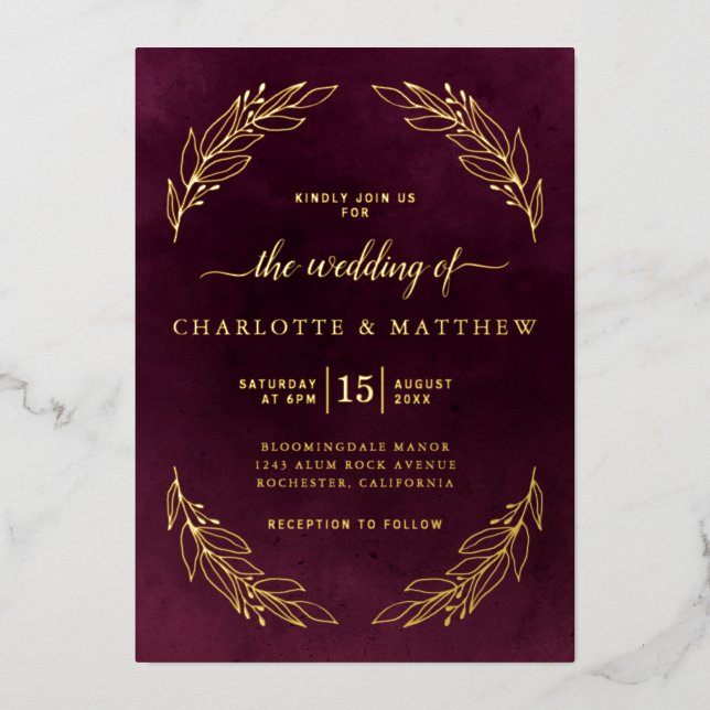 Invitation En Aluminium Elegant Burgundy and Gold Botanical Wedding (Recto)