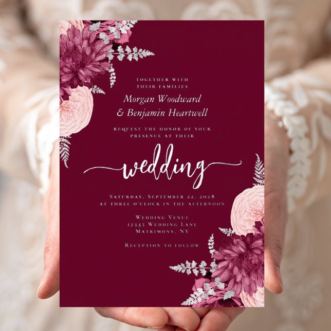 Invitation En Aluminium Elegant Burgundy Blush Silver Floral Wedding (Créateur téléchargé)