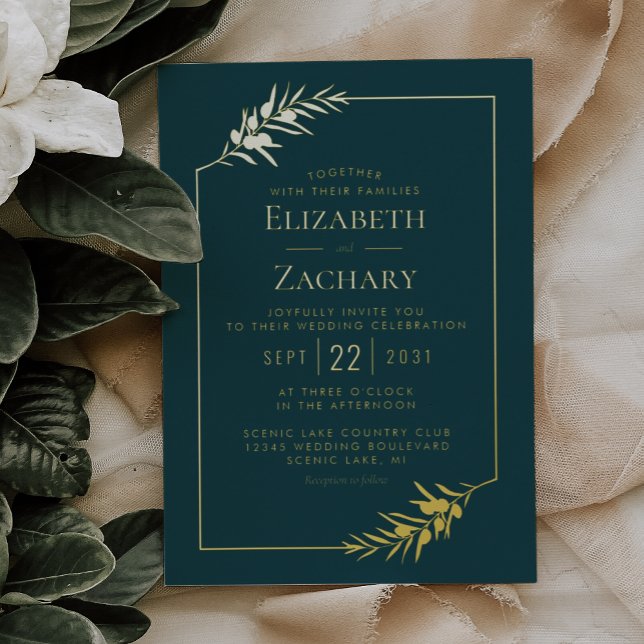 Invitation En Aluminium Elégant cadre botanique Or Emerald Green Mariage (Créateur téléchargé)