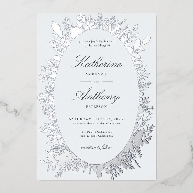 Invitation En Aluminium Elégant cadre de feuillage d'hiver Mariage bleu Du (Recto)