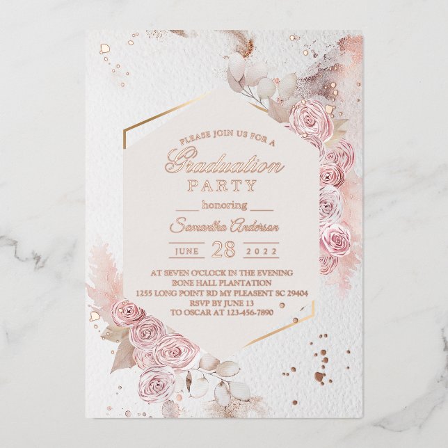 Invitation En Aluminium Elégant cadre floral rose pastel Or Rose fantaisie (Recto)