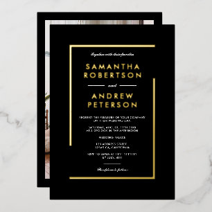 Invitation En Aluminium Elégant cadre géométrique or mariage photo noir