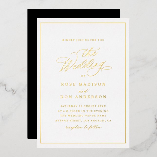 Invitation En Aluminium Elegant calligraphy black and gold foil wedding (Recto/Verso)