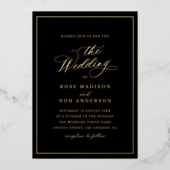 Invitation En Aluminium Elegant calligraphy black and gold wedding (Recto)