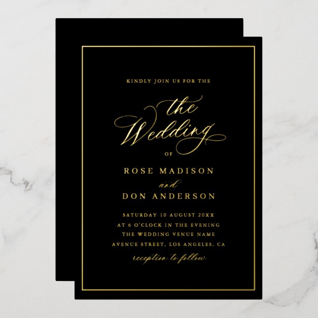 Invitation En Aluminium Elegant calligraphy gold foil black wedding (Recto/Verso)