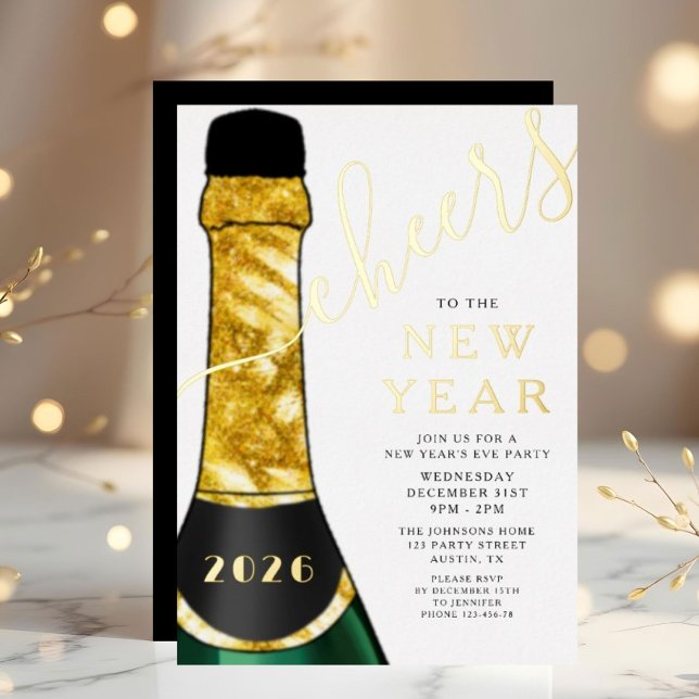 Invitation En Aluminium Elegant Champagne New Year's Eve Party (Elegant Champagne New Year's Eve Party Foil Invitation)