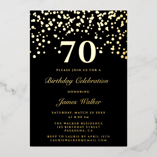 Invitation En Aluminium Élégant Chic Black And Gold Script 70e anniversair (Recto)