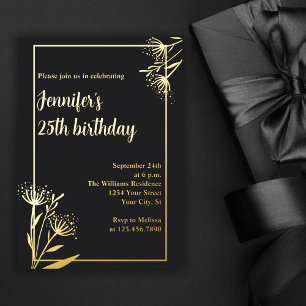 Invitation En Aluminium Élégant Chic Black Floral 25e fête d'anniversaire