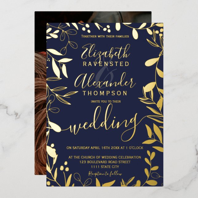 Invitation En Aluminium Elégant chic marine bleu floral mariage or (Recto/Verso)