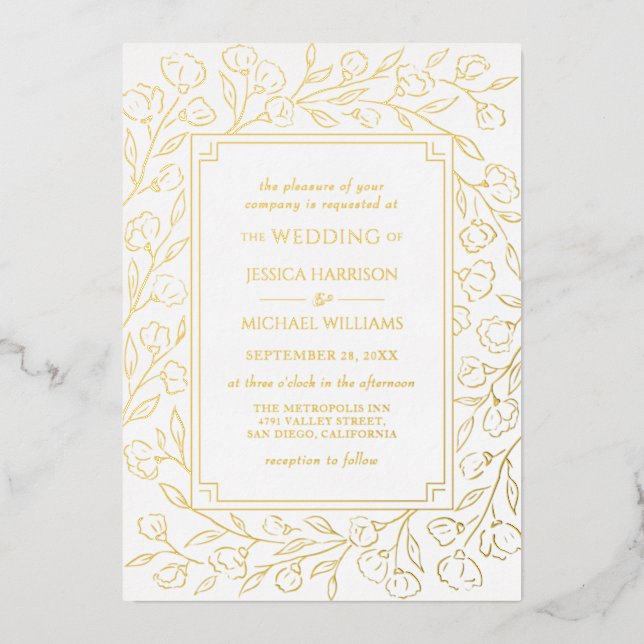 Invitation En Aluminium Élégant classique Floral Line Art White Gold Maria (Recto)