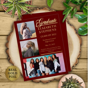Invitation En Aluminium Élégant Classy 3 Photo Graduate Maroon Graduate
