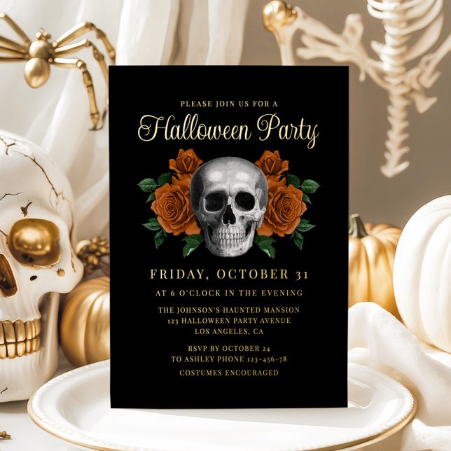 Invitation En Aluminium Elégant crâne gothique floral Halloween or (Elegant Gothic Floral Skull Halloween Gold Foil Invitation)