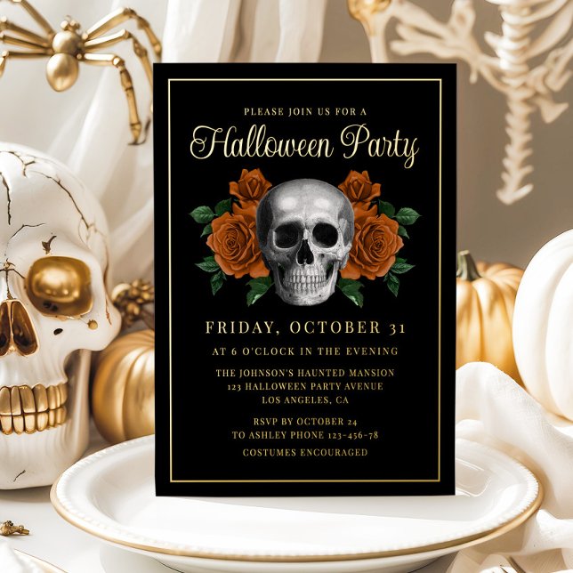 Invitation En Aluminium Elégant crâne gothique floral Halloween or (Elegant Gothic Floral Skull Halloween Gold Foil Invitation)