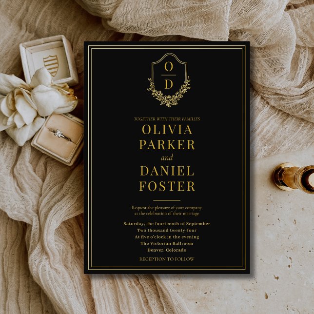 Invitation En Aluminium Elegant Crest Black Gold Minimalist Wedding (Créateur téléchargé)