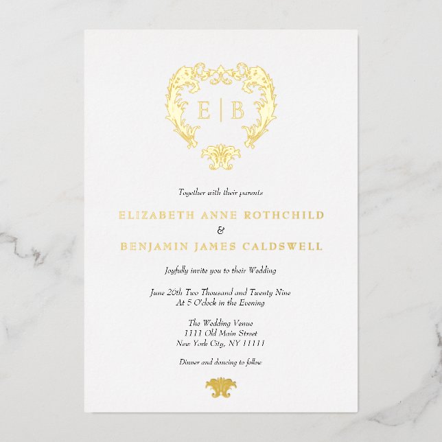 Invitation En Aluminium Élégant Crest Monogram Mariage Gold (Recto)
