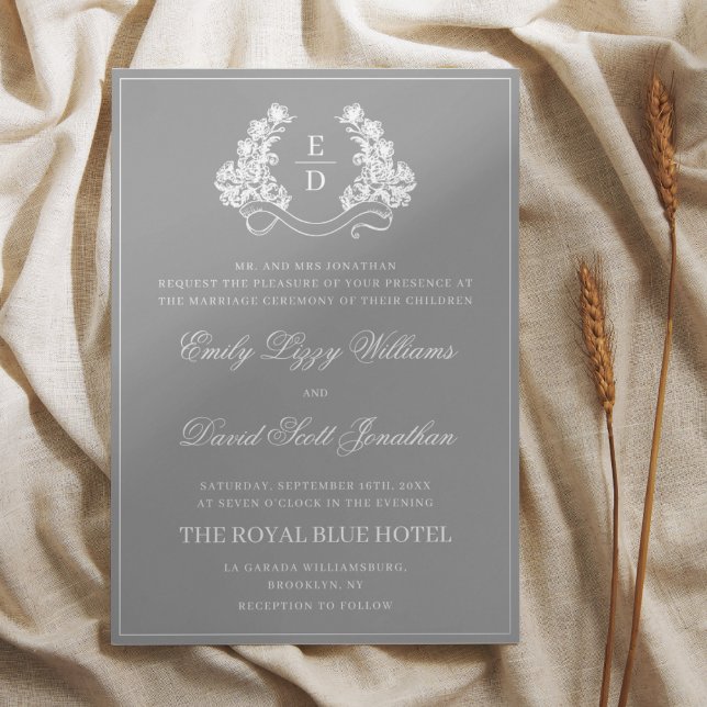 Invitation En Aluminium Élégant Crête Botanique Grise Mariage Héritage  (Créateur téléchargé)