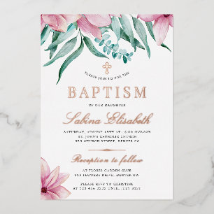 Invitation En Aluminium Élégant croix de baptême florale rose à l'aquarell