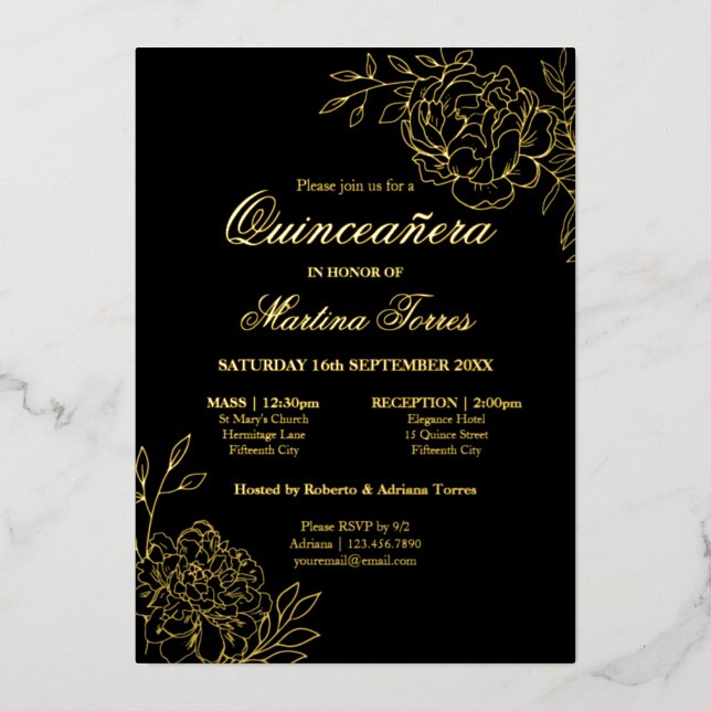 Invitation En Aluminium Elégant croquis Quinceanera floral noir et or (Recto)