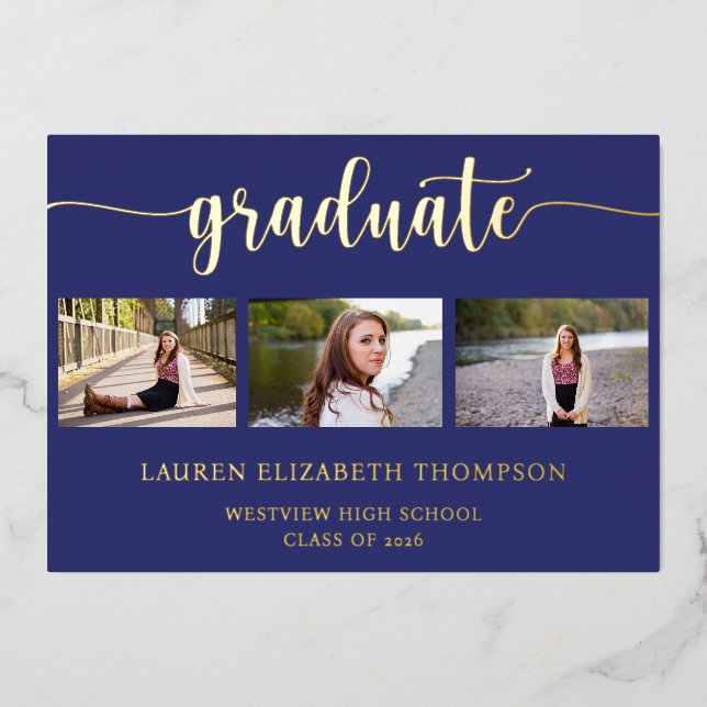 Invitation En Aluminium Élégant diplôme 3 Photo Blue Gold (Recto)