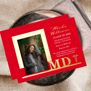 Invitation En Aluminium Élégant Dr MD Caducée Photo Diplômé Rouge